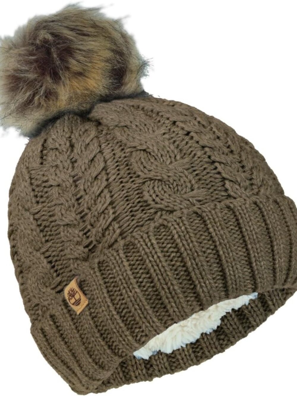 Women’s Cable Knit Faux Fur Pom Beanie - Soft Winter Hat, Ribbed Cuff, Warm Lini